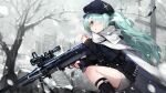  1girl ammunition_belt anti-materiel_rifle aqua_hair bare_tree black_headwear black_socks black_sweater blue_archive blurry blurry_background bolt_action breasts breath broken_window building bullet_hole cape casing_ejection cold glint grey_eyes gun hair_ornament hair_over_one_eye hairclip hat highres hiyori_(blue_archive) holding holding_gun holding_weapon large_breasts legwear_garter libiadan long_hair long_sleeves ntw-20 one_knee outdoors rifle scarf shell_casing skirt sniper_rifle snow socks solo sweater tree triangle_mouth trigger_discipline weapon white_cape white_skirt 