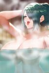  1girl akaringh arm_up azuma_fubuki blue_eyes breasts green_hair hair_over_one_eye hair_up highres large_breasts mato_seihei_no_slave nipples nude onsen open_mouth partially_underwater_shot solo steam tongue tongue_out upper_body wet 