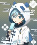  1boy :p animal_ears bangs black_bodysuit black_gloves blue_eyes blue_hair bodysuit chongyun_(genshin_impact) egasumi food genshin_impact gloves hair_between_eyes highres holding holding_food hood hoodie ice_cream long_sleeves looking_at_viewer male_focus panda_ears panri popsicle sakuramon short_hair tongue tongue_out upper_body white_hoodie 