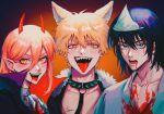  1girl 2boys absurdres alternate_costume animal_ears black_cloak black_hair blonde_hair blood blood_from_eyes blood_from_mouth blood_on_clothes blood_on_face blue_eyes bob_cut chainsaw_man cloak collar collarbone cross-shaped_pupils demon_girl denji_(chainsaw_man) earrings fangs fur_trim ghost gradient gradient_background hair_between_eyes halloween halloween_costume hayakawa_aki high_collar highres horns jacket japanese_clothes jewelry kimono leash long_hair looking_at_viewer lower_teeth medium_hair multiple_boys oni_horns open_mouth orange_background orange_eyes orange_hair pointy_ears power_(chainsaw_man) red_horns red_jacket ringed_eyes sharp_teeth short_hair signature spiked_collar spikes staryoruu teeth triangular_headpiece upper_body upper_teeth vampire vampire_costume vignetting werewolf werewolf_costume white_headwear white_kimono wolf_ears 