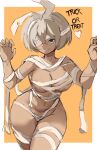  1girl bandages bangs bea_(pokemon) breasts costume dark_skin grey_eyes grey_hair hair_between_eyes halloween_costume highres medium_breasts mummy mummy_costume naked_bandage navel pokemon pokemon_(game) pokemon_swsh rakeemspoon short_hair solo 