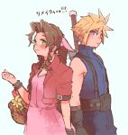  1boy 1girl aerith_gainsborough back-to-back bangle bangs basket belt blonde_hair blue_eyes blue_pants blue_shirt blush bracelet braid braided_ponytail breasts brown_hair buster_sword choker cloud_strife cowboy_shot cropped_jacket curly_hair dress final_fantasy final_fantasy_vii final_fantasy_vii_remake flower flower_basket green_eyes hair_ribbon highres holding holding_basket jacket jewelry lily_(flower) long_hair looking_at_viewer pants parted_bangs parted_lips pink_dress pink_ribbon red_flower red_jacket ribbon ribbon_choker shirt short_hair short_sleeves sidelocks simple_background sleeveless sleeveless_turtleneck smile spiked_hair standing suspenders tasituma2 tulip turtleneck weapon weapon_on_back yellow_flower 