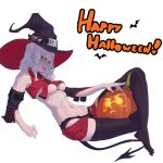  1girl arm_support bat_(animal) between_thighs black_panties black_tail breasts carving demon_girl demon_tail detached_sleeves grey_eyes hair_down halloween happy_halloween hat helltaker helltaker_(character) jack-o&#039;-lantern justice_(helltaker) medium_breasts octorypo open_fly panties pumpkin red_shorts revealing_clothes shorts sitting tail thighs unbuttoned underboob underwear white_background witch witch_hat 