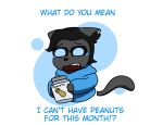  anthro black_hair blue_clothing blue_hoodie blue_topwear bodily_fluids clothing food fruit fur grey_body grey_fur hair hoodie humor jar male meme no_nut_november nut_(fruit) open_mouth owostreamer peanut_(food) plant simple_background solo tears topwear 