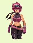  1girl belt black_pants borrowed_character breasts brown_eyes cowboy_shot crop_top cropped_legs dated david_liu gloves goggles goggles_on_head highres medium_breasts midriff navel original pants pink_gloves pink_hair short_hair signature simple_background sleeveless solo thigh_gap yellow_background 