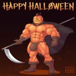  1:1 5_fingers abs areola beefburner boots brown_boots brown_cape brown_clothing brown_footwear brown_gloves brown_handwear brown_underwear bulge cape clothing detailed_bulge english_text eye_scar facial_scar fingers footwear gloves halloween handwear hi_res holding_scythe holidays humanoid jack-o&#039;-lantern male melee_weapon muscular muscular_humanoid muscular_male nipples not_furry pecs polearm pumpkin_head scar scythe solo text underwear weapon 