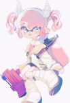  1girl amezawa_koma bangs black_shorts bloom boots fake_horns grey_eyes highres holding holding_water_gun horns ink_tank_(splatoon) inkling inkling_girl jacket leg_up long_sleeves looking_at_viewer pink_hair pink_shirt pointy_ears shirt short_hair short_shorts shorts simple_background sleeveless sleeves_past_wrists smile splatoon_(series) splatoon_2 tentacle_hair tongue tongue_out twintails water_gun white_background white_footwear white_jacket 