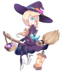  1girl back_bow basket blonde_hair blue_bow blue_eyes bow broom broom_riding candy candy_hat_ornament dress earrings eyes_visible_through_hair food hair_over_one_eye hat high_heels hoshikuzu_pan jack-o&#039;-lantern_hat_ornament jewelry lantern long_hair looking_at_viewer looking_back mario_(series) mario_kart mario_kart_tour official_alternate_costume purple_dress purple_headwear rosalina smile solo star_(symbol) star_earrings white_background witch_hat 