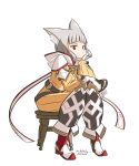  1girl animal_ear_fluff animal_ears armored_boots bangs boots cat_ears cat_girl chair closed_eyes closed_mouth facepaint full_body gloves grey_hair hand_on_own_cheek hand_on_own_face highres jumpsuit looking_at_viewer nia_(xenoblade) short_hair simple_background sitting sketchymarcus solo white_background white_gloves xenoblade_chronicles_(series) xenoblade_chronicles_2 yellow_eyes yellow_jumpsuit 