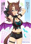  1girl animal_ears armpits arms_behind_head arms_up bangs belt black_gloves black_horns black_shirt black_shorts blue_eyes bracelet breasts brown_belt brown_hair cleavage cleavage_cutout clothing_cutout cowboy_shot cropped_shirt days_in_a_flash_(umamusume) demon_horns demon_wings ear_ornament elbow_gloves fur_armlet gloves halloween halloween_costume halterneck horns horse_ears horse_girl horse_tail jewelry long_hair looking_at_viewer low_wings medium_breasts mejiro_palmer_(devil_in_the_moonlight)_(umamusume) mejiro_palmer_(umamusume) midriff navel notice_lines official_alternate_costume open_mouth purple_wings seki_(hyokosho) shirt short_shorts shorts single_glove smile solo sparkle standing tail thigh_strap translated twitter_username umamusume wings 