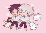  2boys :d ^_^ ^o^ artist_name bangs belt bird black_hair blush breast_pocket chibi claws closed_eyes dress_shirt flying grey_hair happy heart holding_hands ikari_shinji mass_production_eva meronmiruku53 multiple_boys nagisa_kaworu name_tag neon_genesis_evangelion open_mouth penguin penpen pink_background pocket rebuild_of_evangelion shirt short_hair simple_background smile teeth undershirt walking white_shirt wings 