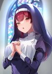  1girl 2022 absurdres bangs black_headwear breasts church heterochromia highres hololive houshou_marine large_breasts long_hair long_sleeves looking_at_viewer nun official_alternate_costume open_mouth own_hands_together red_eyes red_hair scarf_(50464982) solo standing upper_body virtual_youtuber yellow_eyes 