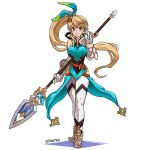 1girl absurdres bangs bare_shoulders breasts detached_sleeves dragalia_lost elisanne gloves hair_ribbon hair_twirling highres holding holding_polearm holding_weapon lance long_hair looking_at_viewer medium_breasts orange_hair otakuman polearm ponytail purple_eyes ribbon sidelocks smile solo very_long_hair waist_cape watermark weapon white_gloves wrist_cuffs 