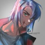  1boy artist_name athrun_zala blood blood_from_mouth blood_on_face blue_hair green_eyes grey_background grey_shirt gundam gundam_seed hair_between_eyes hair_over_one_eye injury jacket looking_at_viewer male_focus military_jacket nito_minatsuki red_jacket shirt short_hair solo upper_body 