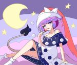  1girl black_capelet blue_eyes candy capelet closed_mouth crescent_moon doremy_sweet dress food full_body fur_trim hat heart heart-shaped_pupils highres holding holding_candy holding_food holding_lollipop lollipop looking_at_viewer moon nightcap pom_pom_(clothes) purple_hair red_headwear short_hair sitting socks solo star_(symbol) symbol-shaped_pupils tongue tongue_out touhou white_dress white_socks zenji029 
