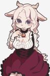  anthro bell bell_collar big_breasts blue_eyes bovid breasts caprine clothing collar dress ear_piercing ear_ring female fur goat halloween hi_res holidays horn mammal piercing red_clothing red_dress ring_piercing smile smiling_at_viewer solo white_body white_fur yagi_the_goat 