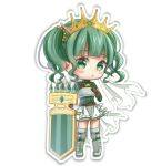  1girl 991542_(user_gvaf5278) aqua_gemstone aqua_hair armor armored_boots bangs belt blunt_bangs blush boots breastplate brown_belt brown_gloves chibi crown dot_mouth dot_nose fold-over_gloves frilled_skirt frills full_body futaba_sana gloves green_eyes green_sweater grey_footwear hand_on_own_chest jewelry knee_pads long_sleeves looking_at_viewer lowres magia_record:_mahou_shoujo_madoka_magica_gaiden mahou_shoujo_madoka_magica medium_hair miniskirt necklace outline parted_lips pigeon-toed ribbed_sweater shield sidelocks simple_background skirt solo sweater thigh_boots turtleneck turtleneck_sweater twintails veil waist_cape wavy_hair white_background white_outline white_skirt zettai_ryouiki 