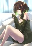  1girl absurdres bangs bare_shoulders breasts brown_hair cleavage cleavage_cutout clothing_cutout couch cup deekei green_hair highres holding holding_cup looking_at_viewer miru_(ormille) mole mole_on_breast mole_under_eye on_couch orange_eyes original pillow shoulder_cutout sweater 