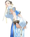  1girl blush breasts chinese_clothes chun-li conto covered_nipples double_bun earrings embarrassed hair_bun highres jewelry large_breasts looking_at_viewer short_sleeves simple_background street_fighter street_fighter_6 sweat white_background wide_sleeves 