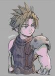  1boy als8za armor bandaged_arm bandages bangs belt blonde_hair blue_eyes blue_shirt brown_belt cloud_strife final_fantasy final_fantasy_vii gloves grey_background looking_to_the_side male_focus muscular muscular_male parted_bangs portrait shirt short_hair shoulder_armor single_bare_shoulder sleeveless sleeveless_turtleneck solo spiked_hair suspenders turtleneck twitter_username upper_body 