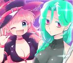  2girls bags_under_eyes belt blue_eyes bracelet braid braided_ponytail breasts cleavage cropped_jacket earrings green_hair hair_between_eyes hair_over_shoulder haku_le hat heart heart_earrings jewelry large_breasts medium_breasts mole mole_under_eye multiple_girls one_eye_closed open_mouth original pink_hair pointy_ears polka_dot polka_dot_background purple_eyes ring smile stud_earrings witch_hat 