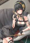  1girl blood blood_on_breasts blood_on_face breasts cleavage closed_mouth dagger highres holding holding_dagger holding_weapon kanaria_hisagi knife large_breasts looking_at_viewer red_eyes sitting smile solo spy_x_family weapon yor_briar 