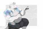  aloha_shirt big_muscles c3b4 canid canine canis chag_(c3b4) clothing fish fur hi_res huge_muscles male mammal marine muscular muscular_male pattern_clothing pattern_shirt pattern_topwear shark shirt simple_background solo topwear white_body white_fur wolf 