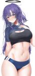  1girl absurdres arm_behind_back black_sports_bra blue_archive blue_buruma blue_eyes blue_shirt breasts buruma cleavage cowboy_shot facial_mark halo hand_on_own_chest highres large_breasts long_hair looking_at_viewer navel oidoden2535 parted_lips purple_hair shirt short_sleeves simple_background smile solo sports_bra star_(symbol) star_facial_mark stomach sweat thighs white_background yuuka_(blue_archive) yuuka_(gym_uniform)_(blue_archive) 