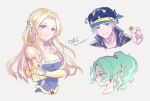  1boy 2girls bandana bare_shoulders blonde_hair blue_eyes breasts celes_chere chi_rpg closed_mouth collarbone elbow_gloves final_fantasy final_fantasy_vi gloves green_hair highres jewelry lock_cole long_hair looking_at_viewer multiple_girls ponytail protected_link simple_background smile tina_branford 