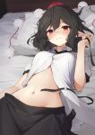  1girl bangs black_hair black_pants black_ribbon blush closed_mouth collared_shirt commentary_request cowboy_shot groin hat head_on_pillow highres indoors kanpa_(campagne_9) looking_at_viewer medium_hair navel on_bed pants partially_unbuttoned pointy_ears pom_pom_(clothes) red_eyes red_headwear ribbon ribbon_removed shameimaru_aya shirt short_sleeves solo stomach tokin_hat touhou white_shirt 