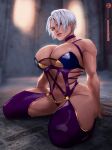  1girl abs bare_shoulders blurry blurry_background breasts chain choker cleavage gold_chain huge_breasts isabella_valentine kneeling leotard looking_at_viewer muscular muscular_female purple_choker purple_eyes purple_leotard purple_thighhighs rejean_dubois revealing_clothes short_hair solo soulcalibur thick_thighs thighhighs thighs white_hair 