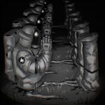  4others arondiolex astronaut black_background blood chainsaw_man dark dark_background greyscale hell_(chainsaw_man) highres intestines monochrome multiple_others own_hands_together praying severed_torso space_helmet 