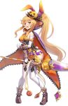  1girl bare_hips blush bow bowtie breasts cloak clothing_cutout covered_navel detached_sleeves dragalia_lost elbow_gloves elisanne food-themed_hair_ornament gasp gloves gonzarez hair_ornament hair_ribbon halloween halloween_costume highres holding holding_polearm holding_weapon lance long_hair looking_at_viewer medium_breasts navel navel_cutout official_alternate_costume playboy_bunny polearm ponytail pumpkin_hair_ornament rabbit_tail ribbon sideboob sidelocks solo striped striped_bow striped_bowtie tail thighhighshigh_heel thighs very_long_hair weapon white_background white_bow white_bowtie white_gloves wrist_cuffs 