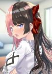  1girl amaner black_hair blue_eyes blush ear_piercing hair_ribbon highres long_hair looking_at_viewer multicolored_hair open_mouth piercing pink_hair red_ribbon ribbon solo tachibana_hinano_(vtuber) two-tone_hair upper_body virtual_youtuber vspo! 