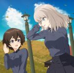  2girls ada_badguy akaboshi_koume autumn_leaves blue_eyes brown_hair dress_shirt girls_und_panzer grey_hair grey_shirt highres insignia itsumi_erika kuromorimine_school_uniform lamppost long_sleeves looking_at_another medium_hair multiple_girls outdoors school_uniform shirt short_hair wavy_hair 