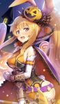 1girl bare_hips blush bow bowtie breasts cloak clothing_cutout covered_navel detached_sleeves dragalia_lost elbow_gloves elisanne food-themed_hair_ornament gasp gloves gonzarez hair_ornament hair_ribbon halloween halloween_costume highres long_hair looking_at_viewer medium_breasts navel navel_cutout official_alternate_costume playboy_bunny ponytail pumpkin_hair_ornament rabbit_tail ribbon sideboob sidelocks solo striped striped_bow striped_bowtie tail thighs very_long_hair white_bow white_bowtie white_gloves wrist_cuffs 