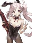  absurdres animal_ears black_leotard blue_archive breasts cleavage gun h&amp;k_mg5 hair_ornament hair_scrunchie highres holding holding_weapon leotard light_machine_gun long_hair looking_at_viewer medium_breasts mutsuki_(blue_archive) pantyhose playboy_bunny rabbit_ears red_eyes scrunchie side_ponytail simple_background smile tachibana_wataru_(123tsuki) v very_long_hair weapon white_background white_hair white_scrunchie wrist_cuffs 