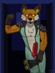  anthro armor canid canine epic_games fennix_(fortnite) fortnite fox glowing glowing_eyes hi_res lewd_latte licking licking_lips male mammal solo tongue tongue_out video_games zipper zipper_down 