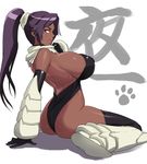  ass backless_outfit bare_shoulders bleach boots breasts dark_skin elbow_gloves gloves huge_breasts leotard long_hair looking_back ponytail purple_hair shihouin_yoruichi sideboob smile solo thighhighs usatarou yellow_eyes 