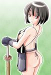  ao_usagi apron ass black_hair bougu brown_eyes gloves hands_on_hilt kendo looking_back naked_apron original shinai solo sword weapon 