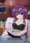  bed blush breasts crescent crescent_hair_ornament hair_ornament large_breasts lilith_chronos long_hair patchouli_knowledge purple_eyes purple_hair reading solo touhou 
