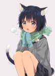  1girl :o animal_ear_fluff animal_ears bare_legs black_sailor_collar black_skirt blue_hair blue_mittens blue_scarf blush breath cat_ears cat_girl cat_tail commentary_request feet_out_of_frame fringe_trim grey_background grey_eyes grey_sweater konayama_kata looking_at_viewer miniskirt mittens open_mouth original own_hands_together plaid plaid_scarf revision sailor_collar scarf school_uniform short_hair simple_background skirt solo squatting sweater tail tail_raised 
