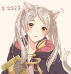  1girl animal_ears book brown_eyes cat_day cat_ears cat_tail fake_animal_ears fake_translation female_my_unit_(fire_emblem:_kakusei) fire_emblem fire_emblem:_kakusei gloves haru_(nakajou-28) holding holding_book hood hood_down long_sleeves my_unit_(fire_emblem:_kakusei) nintendo parted_lips robe simple_background solo tail twintails upper_body white_hair 