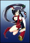  bare_shoulders black_hair blazblue boots cleavage_cutout detached_sleeves full_body glasses lao_jiu litchi_faye_ling marugotoringo purple_eyes simple_background solo weapon 