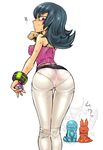  alternate_costume ass black_hair breasts camisole covered_nipples flipped_hair from_behind gen_2_pokemon leaning_forward looking_back medium_breasts natsume_(pokemon) pants pantylines poke_ball pokemon pokemon_(creature) pokemon_(game) pokemon_hgss purple_eyes quagsire slugma sweat tagane thigh_gap tight tight_pants 