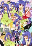  3girls akasaka_mamoru angel_mort animal_ears bad_id bad_pixiv_id bird blonde_hair blue_hair cat cat_ears cream_puff crow dress flower food furude_rika hanyuu higurashi_no_naku_koro_ni houjou_satoko hug japanese_clothes kusunoki_kotori long_hair miko multiple_girls nude purple_eyes sandals strap_slip sundress translated waitress 