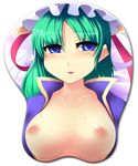  absurdres bad_id bad_pixiv_id blue_eyes breast_mousepad breasts green_hair hat highres kusaka_eiki medium_breasts mousepad nipples shiki_eiki short_hair solo touhou 