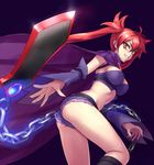  arcana_heart arcana_heart_3 ass breasts cape chain cleavage fang fingernails grin long_hair looking_back medium_breasts midriff nibai red_hair scharlachrot short_shorts shorts smile solo twintails very_long_hair weapon yellow_eyes 