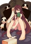  bad_id bad_pixiv_id barefoot blue_eyes brown_hair duplicate feet fuurin_(omaemona) hat heart hong_meiling long_hair mouth_hold naughty_face one_eye_closed panties sitting solo striped striped_panties stuffed_animal stuffed_panda stuffed_toy topless touhou underwear underwear_only 