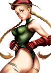  ass ayatori bad_id bad_pixiv_id beret blonde_hair blue_eyes braid cammy_white fingerless_gloves gloves green_leotard hat leotard long_hair looking_back scar solo street_fighter twin_braids 